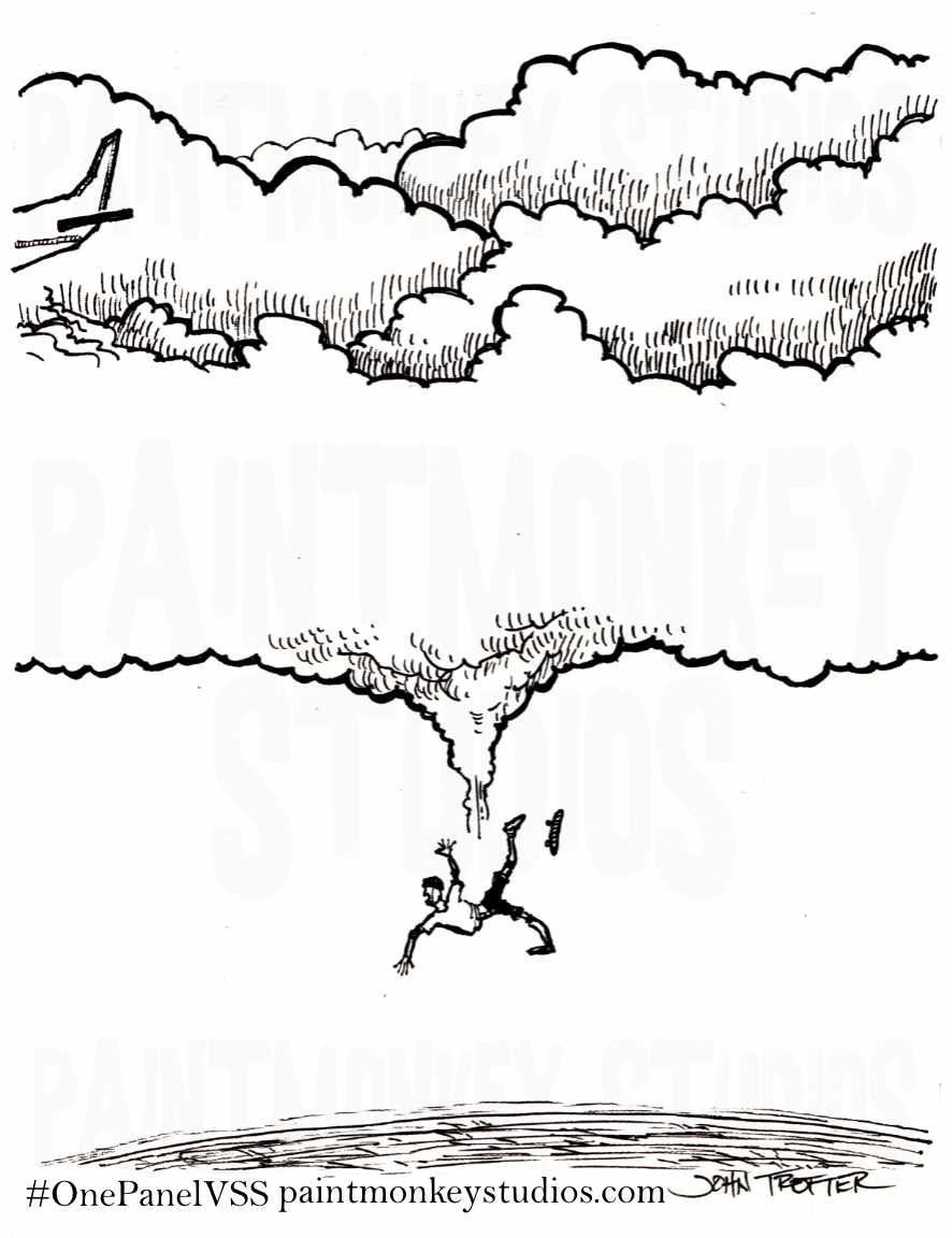 Ink drawing of a skateboarder falling through a cloud with his board while a plane flies off behind.