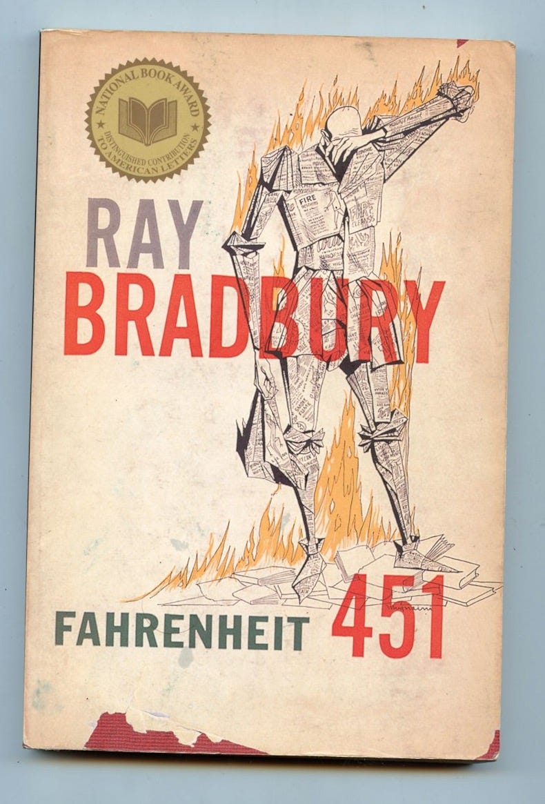 The book cover shows fahrenheit 451. The book cover shows fahrenheit 451.
