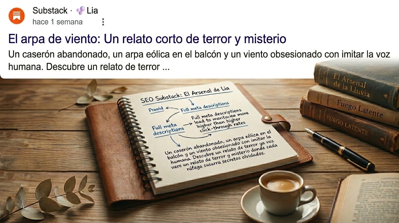 Captura de pantalla de un resultado de búsqueda en Substack que muestra el título "El arpa de viento: Un relato corto de terror y misterio" con un extracto cortado con puntos suspensivos. Debajo, sobre una mesa de madera, hay un cuaderno abierto con anotaciones y esquemas sobre SEO, una taza de café, una pluma estilográfica y varios libros antiguos apilados. Captura de pantalla de un resultado de búsqueda en Substack que muestra el título "El arpa de viento: Un relato corto de terror y misterio" con un extracto cortado con puntos suspensivos. Debajo, sobre una mesa de madera, hay un cuaderno abierto con anotaciones y esquemas sobre SEO, una taza de café, una pluma estilográfica y varios libros antiguos apilados.