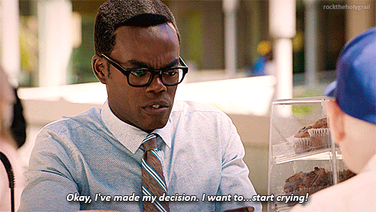 Chidi Anagonye at a muffin stand says "Okey, I've made a decision. I want to... start crying!