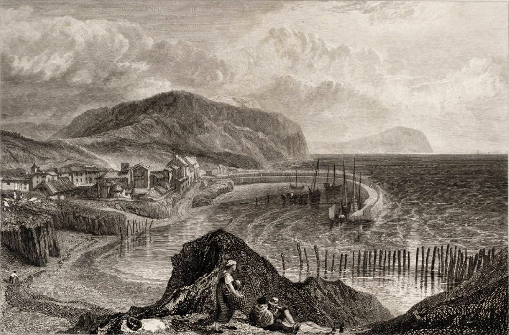 harbour, hilly coastline, picnickers in foreground