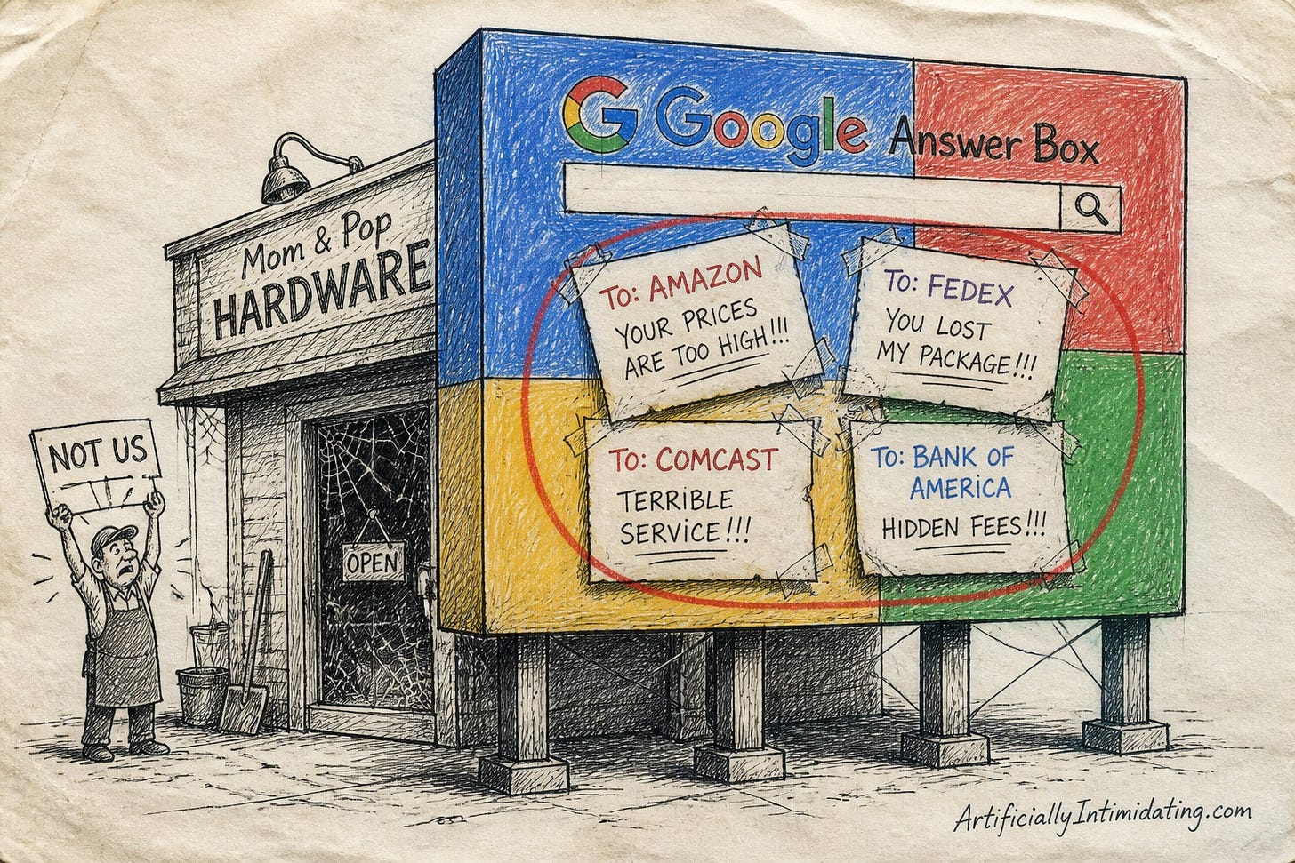 The answer box got the storefront. The shop got somebody else's one-star reviews.
