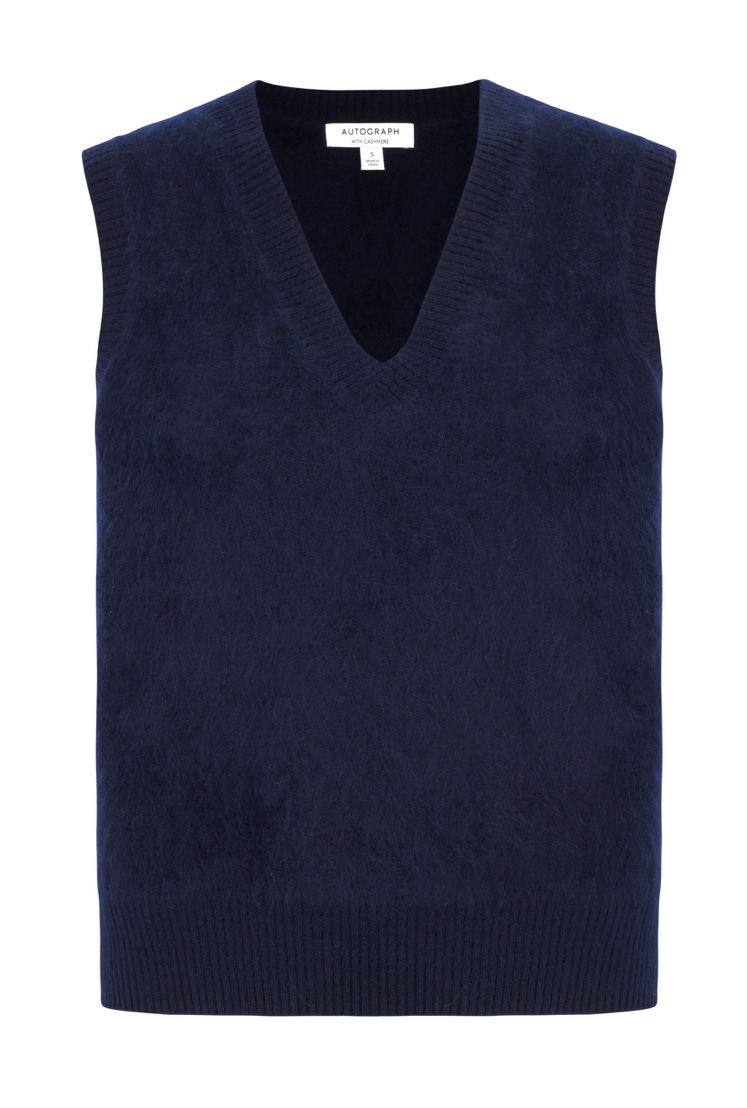 Navy blue cashmere sweater vest.