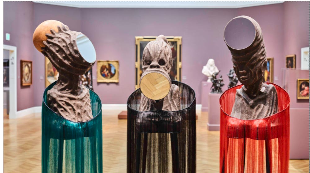 Wangechi Mutu, <i>Mirror Faced I; Mirror Faced II; <i>and </i> <i>Mirror Faced III</i> all (2020). © Wangechi Mutu, courtesy the artist and Gladstone Gallery.
