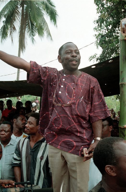 Ken Saro-Wiwa adressing Ogoni Day demonstration, Nigeria. Ken Saro-Wiwa adressing Ogoni Day demonstration, Nigeria.