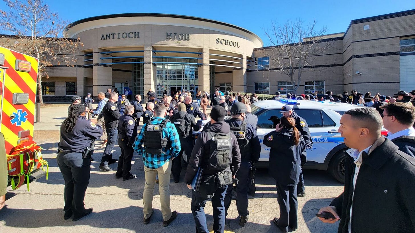 First responders work at the scene of a shooting at Antioch High School in Nashville on Wednesday.