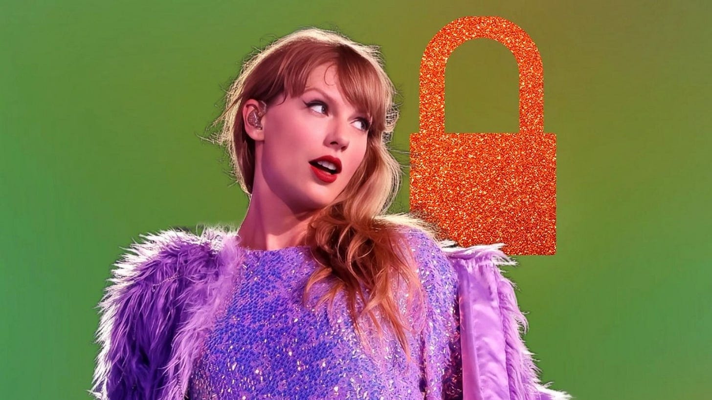 Taylor Swift in the Taylor Swift: The Eras Tour concert film; Temporary artwork by Republic Records and TaylorSwift.com; Collage by Out.com