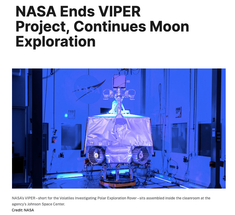 Screen capture of NASA article on VIPER cancellation