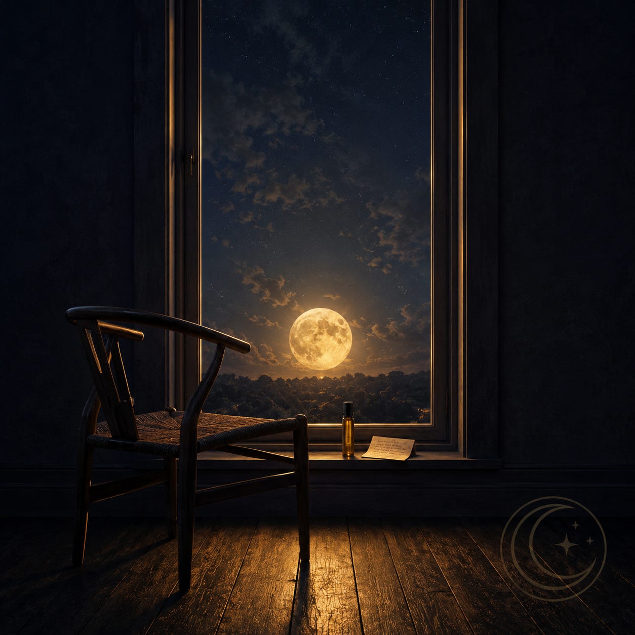 MoonInMental aromatherapy image for the Sagittarius Full Moon week, May 31 2026. A moonlit window with an empty chair, an amber roller bottle, and a folded note, representing the truth surfacing and the support to speak it.