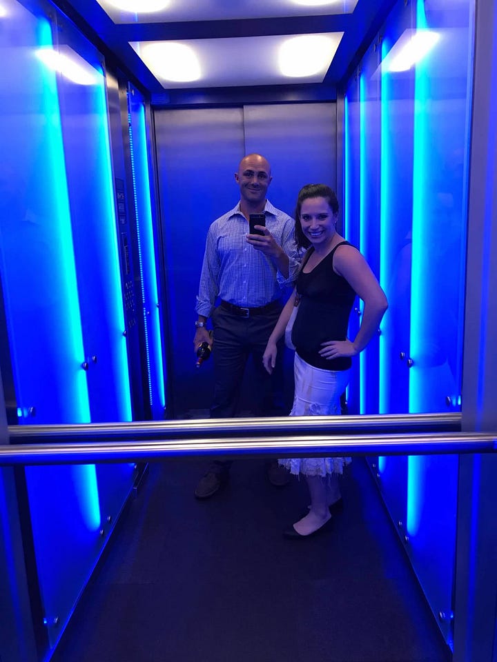 A picture of a neon-lit elevator and several of Notre Dame