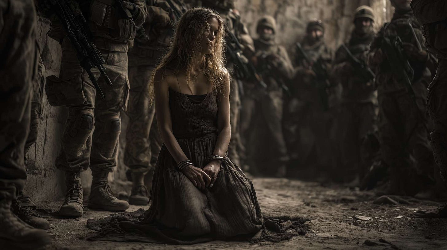 A young woman in a torn, dark sundress kneels on a dusty floor with her hands bound, surrounded by armed soldiers in tactical gear standing in a dim, tense room.