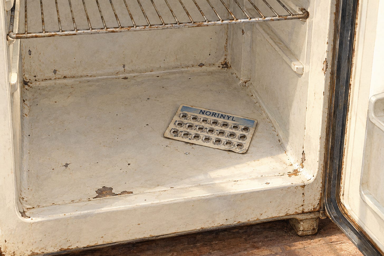 Alt text: An empty Norinyl blister card lies alone on the worn cream enamel floor of an old open refrigerator, beneath a wire shelf. Alt text: An empty Norinyl blister card lies alone on the worn cream enamel floor of an old open refrigerator, beneath a wire shelf.