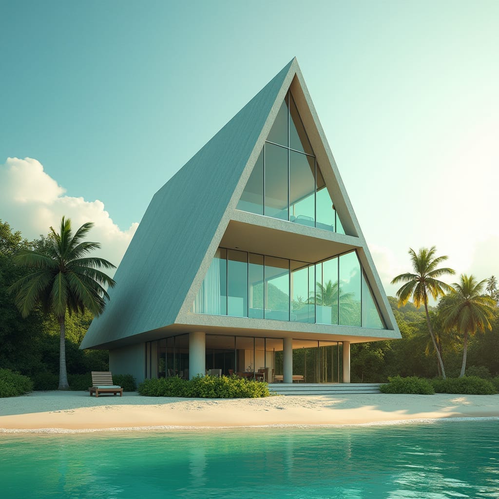 Glass Prefab building with a pyramid-shaped design, standing three stories tall on a serene Jamaican beach, its sleek, modern architecture juxtaposed against the lush, tropical surroundings.