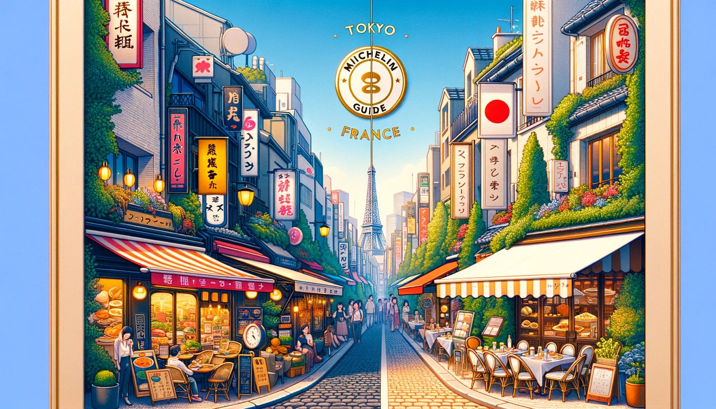 A blog banner image that reflects a discussion about the number of eateries in Tokyo and France. The banner should feature a split design: one half showcasing a vibrant Tokyo street with a variety of restaurants, including a sushi bar and ramen shop with Japanese signage. The other half should depict a picturesque French street with outdoor cafés, a boulangerie, and a Michelin-starred restaurant. In the center, there should be a Michelin Guide logo, symbolizing the common thread of culinary excellence between Tokyo and France. The title 'Tokyo vs. France: A Culinary Comparison' should be prominently displayed at the top.