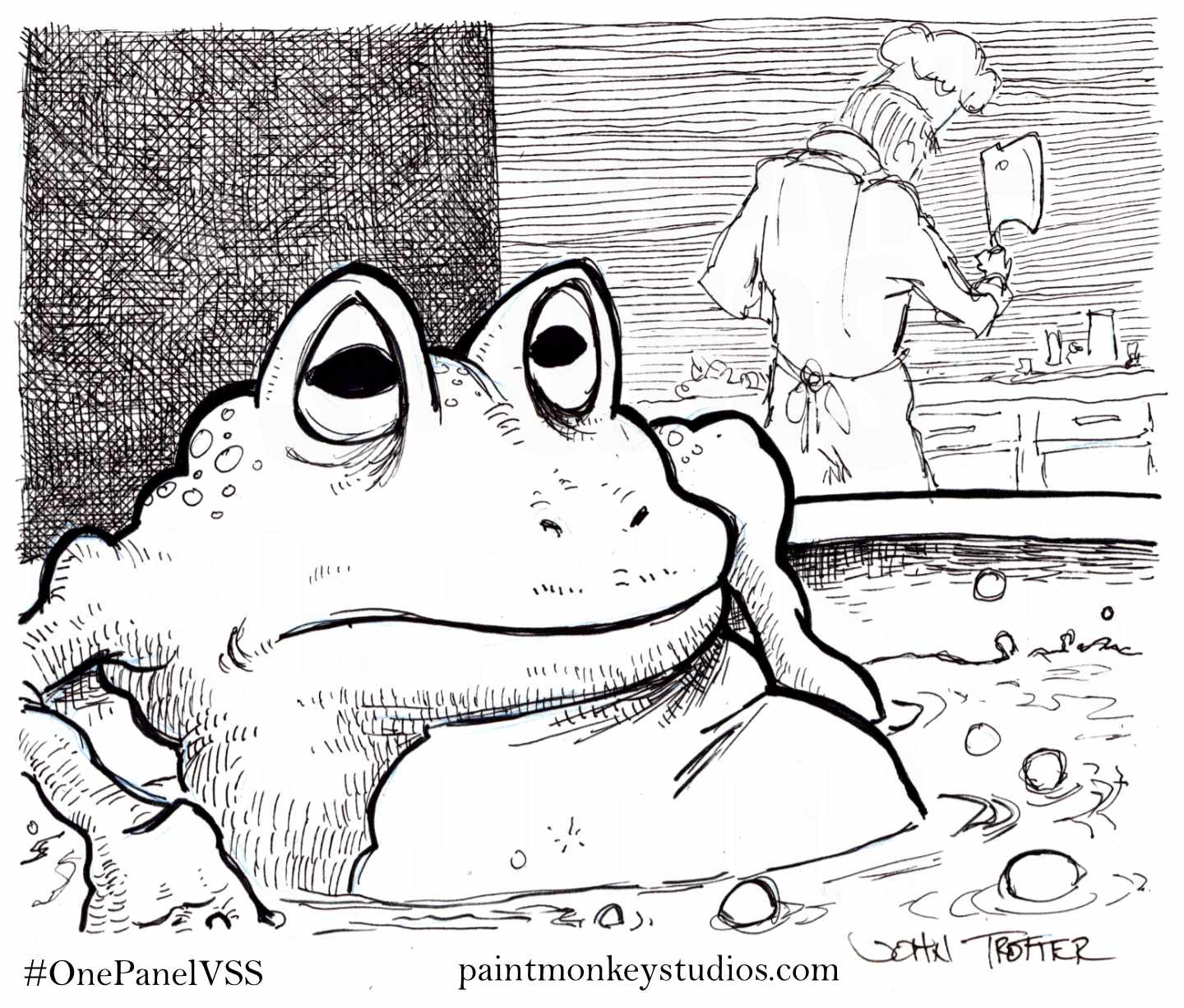 Ink drawing of a frog soaking in what appears to be a bath while a chef prepares something behind the frog. Ink drawing of a frog soaking in what appears to be a bath while a chef prepares something behind the frog.