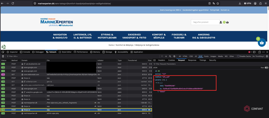 Read-only eth_call from a checkout page to the attacker's Sepolia smart contract