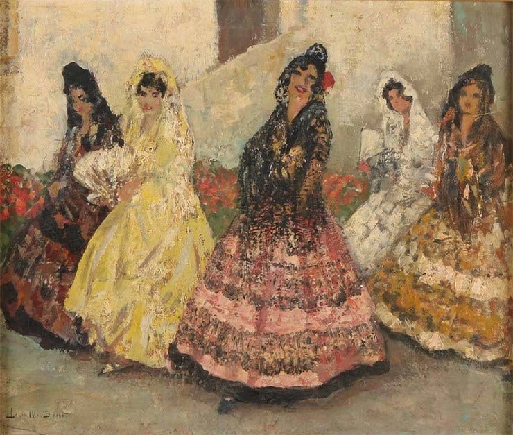 'Spaanse flamenco danseressen' - olieverf op paneel: Louis van Soest (kavel 1020 Twents Veilinghuis) 'Spaanse flamenco danseressen' - olieverf op paneel: Louis van Soest (kavel 1020 Twents Veilinghuis)