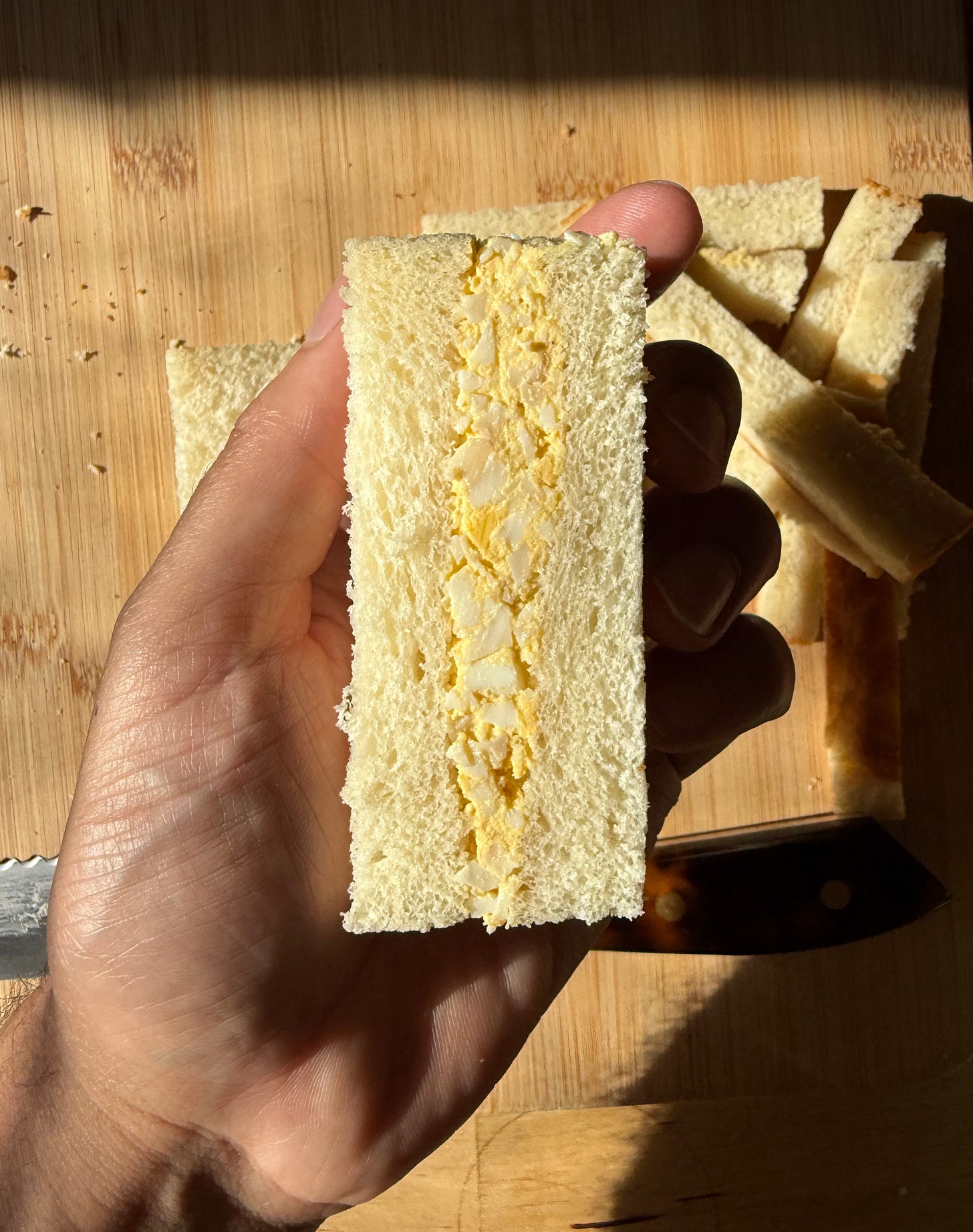 Hand holding egg sando