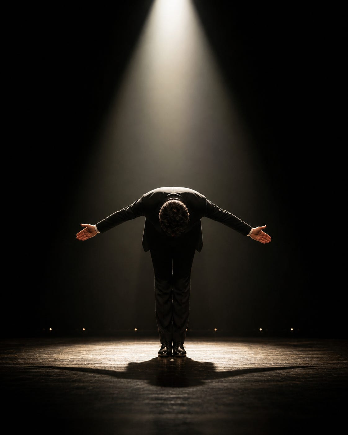 A dramatic, minimalist photograph of a man in a dark suit taking a deep, formal bow on a stage. He is centered under a single, bright overhead spotlight that cuts through the darkness, casting a sharp shadow onto the wooden floor beneath him. His arms are spread wide in a gesture of completion and acknowledgment, representing the final moment of a performance. A dramatic, minimalist photograph of a man in a dark suit taking a deep, formal bow on a stage. He is centered under a single, bright overhead spotlight that cuts through the darkness, casting a sharp shadow onto the wooden floor beneath him. His arms are spread wide in a gesture of completion and acknowledgment, representing the final moment of a performance.