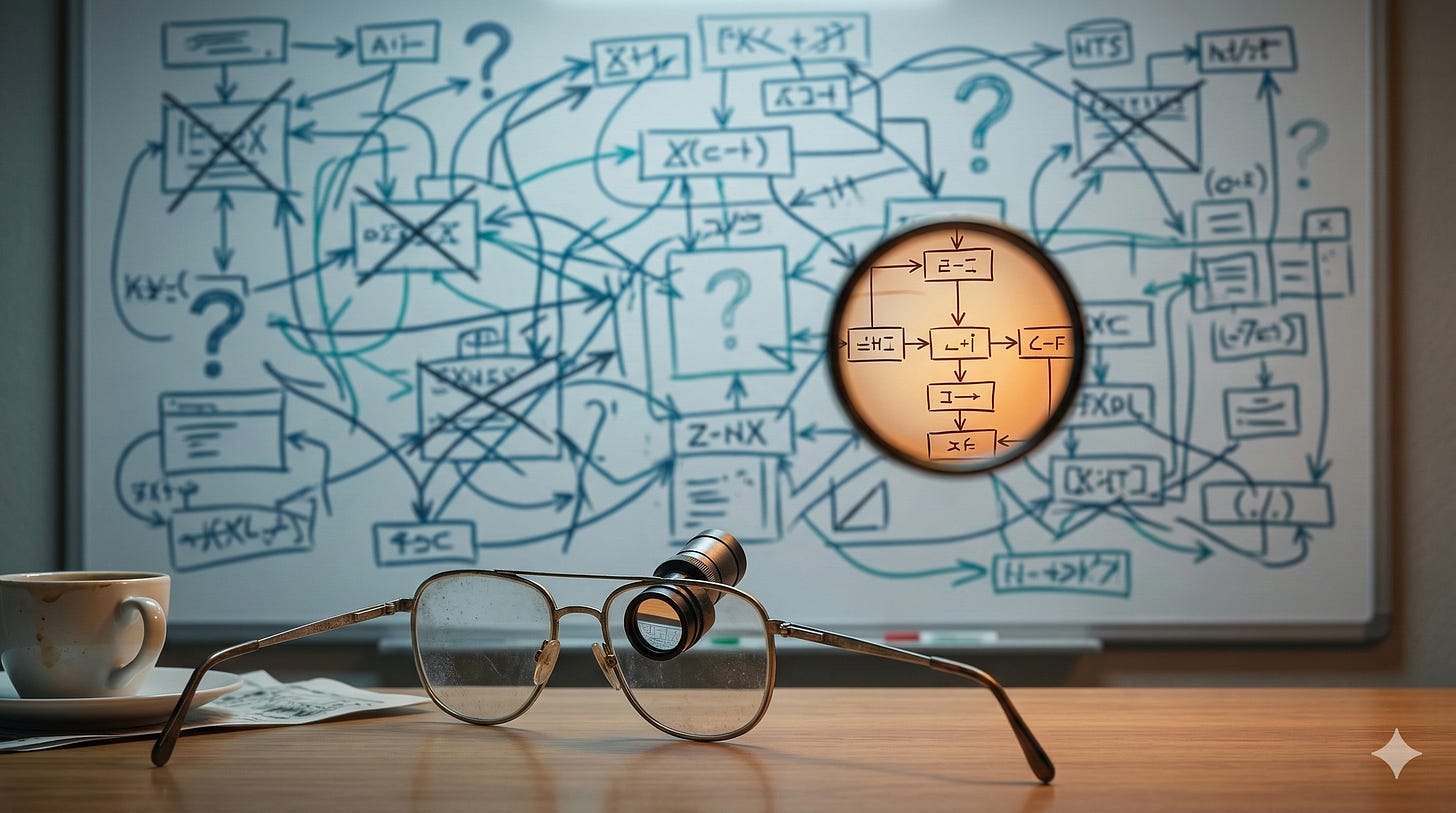 A pair of bioptic telescope glasses resting on a desk in front of a whiteboard covered in a chaotic architecture diagram with question marks, crossed-out sections, and tangled arrows. Through the bioptic lens, one small section of the diagram comes into sharp, warm-toned focus showing a clean flowchart path, while the rest of the whiteboard remains overwhelming and confused. A coffee cup sits nearby, suggesting a long working session trying to untangle a failing system.