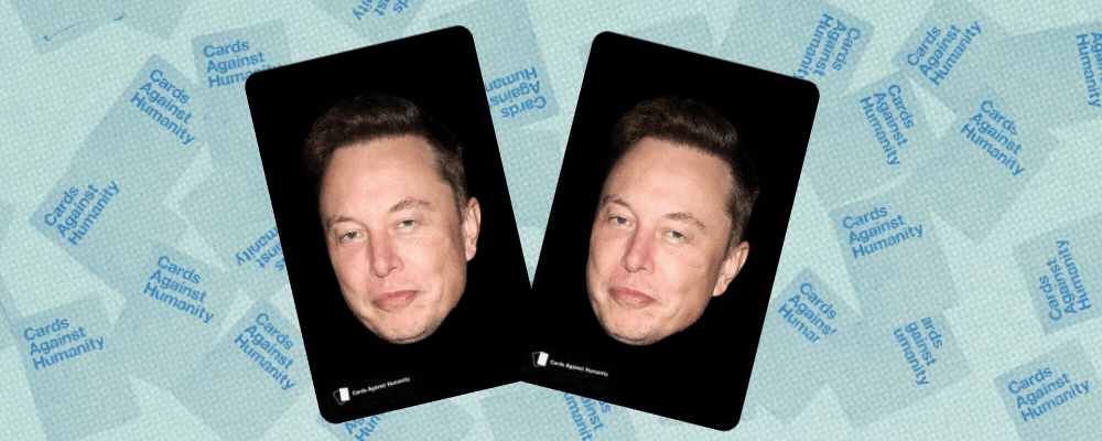 A gif of Elon Musk's face on card with baby face cartoons.