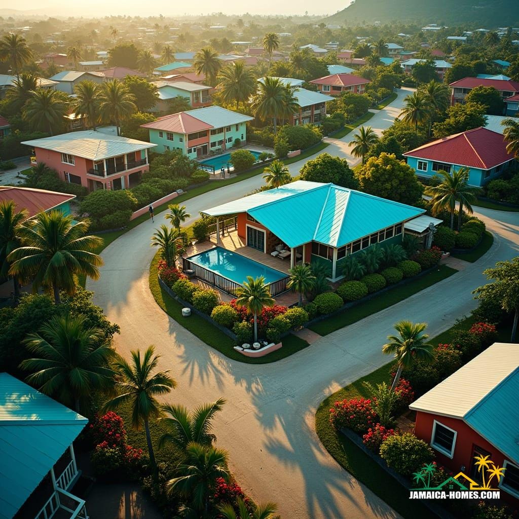 Aerial view of a vibrant Jamaican neighborhood, with a mix of colorful houses and lush greenery, in warm, golden light, with a hint of film grain and subtle vignette, evoking a sense of cinematic grandeur. A winding road snakes through the community, lined with palm trees and vibrant tropical flowers, leading the viewer's eye to a stunning, modern house with a bright blue roof, surrounded by similar homes, all with unique Caribbean flair. The atmosphere is lively, with a few people milling about, giving a sense of community and activity, as if a real estate agent is about to show the property to potential buyers. Aerial view of a vibrant Jamaican neighborhood, with a mix of colorful houses and lush greenery, in warm, golden light, with a hint of film grain and subtle vignette, evoking a sense of cinematic grandeur. A winding road snakes through the community, lined with palm trees and vibrant tropical flowers, leading the viewer's eye to a stunning, modern house with a bright blue roof, surrounded by similar homes, all with unique Caribbean flair. The atmosphere is lively, with a few people milling about, giving a sense of community and activity, as if a real estate agent is about to show the property to potential buyers.
