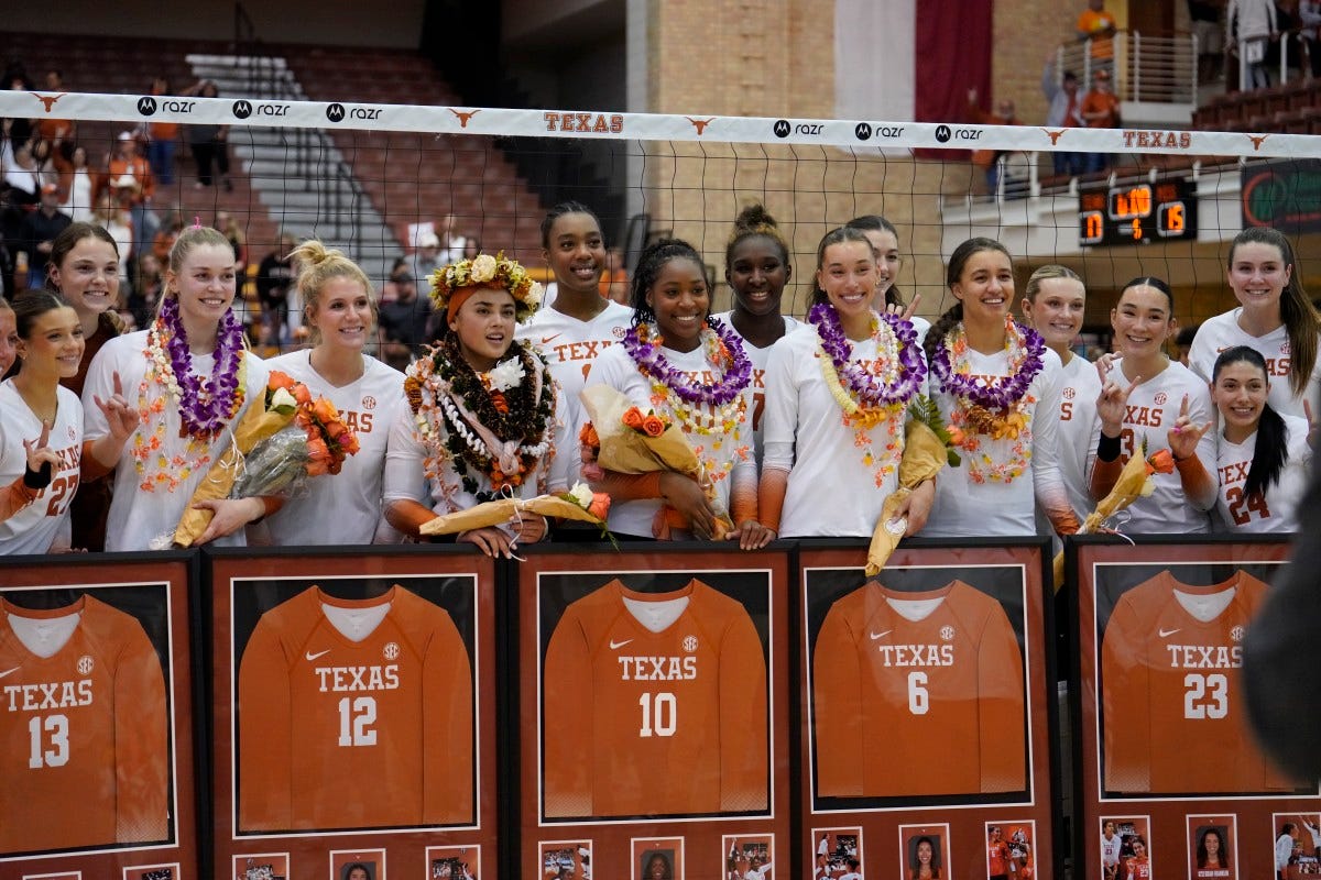 The Texas Longhorns gather at the net to honor their five seniors after a 3-2 win over the Ole Miss Rebels at Gregory Gym on Saturday, Nov. 30, 2024.
