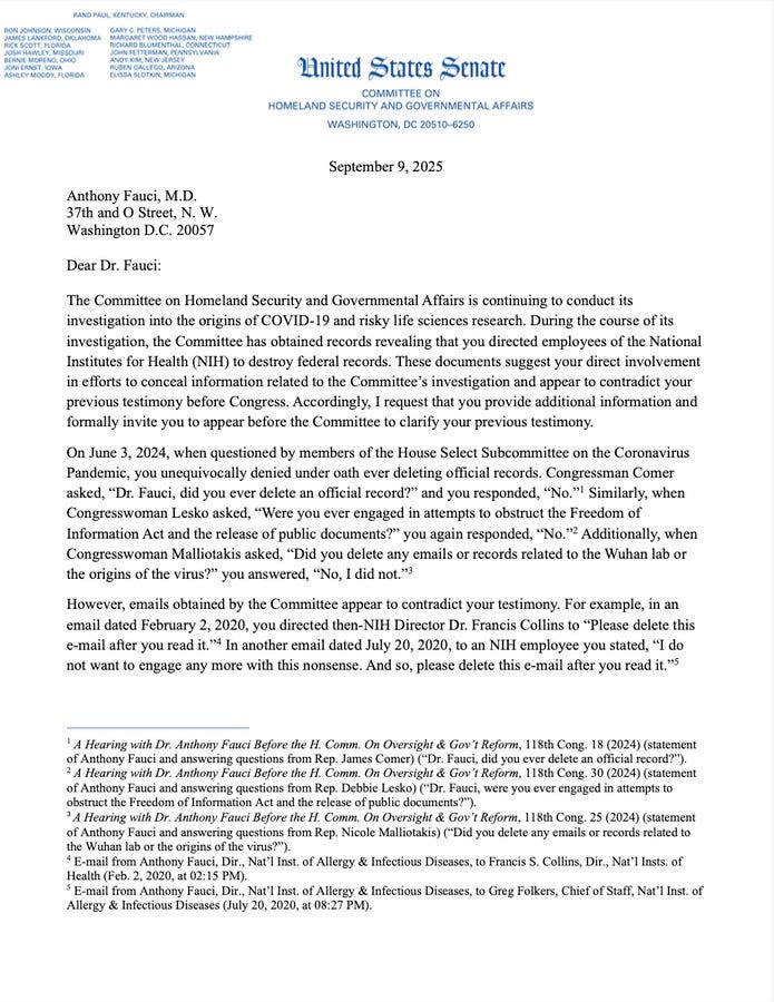 A letter on U.S. Senate Committee on Homeland Security and Governmental Affairs letterhead, dated September 5, 2023, addressed to Anthony Fauci, M.D. The letter is signed by Rand Paul, M.D., U.S. Senate Committee on Homeland Security and Governmental Affairs. Text includes references to emails and testimony involving Anthony Fauci.
