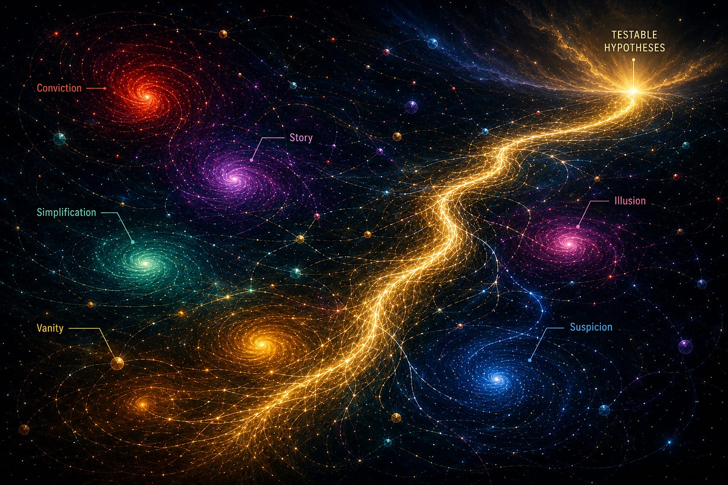 A symbolic landscape of ideas. A winding path leads towards testable hypotheses while passing between attractors that can trap thought, illustrating the role of doubt in keeping exploration connected to evidence. A symbolic landscape of ideas. A winding path leads towards testable hypotheses while passing between attractors that can trap thought, illustrating the role of doubt in keeping exploration connected to evidence.