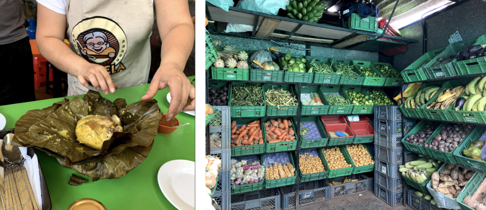 Two photos, left shows someone opening a tamale and right shows rows and bins of fresh produce at a market. Two photos, left shows someone opening a tamale and right shows rows and bins of fresh produce at a market.