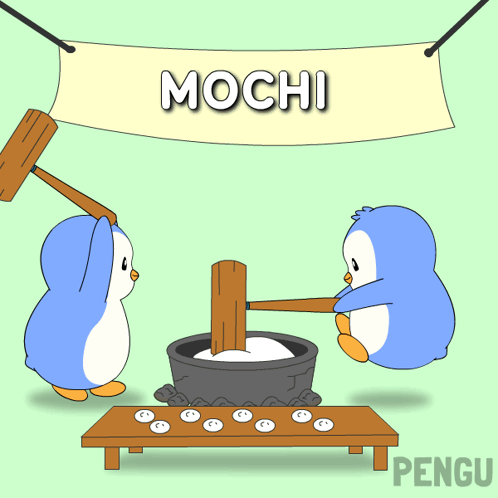 two penguins are making mochi with wooden mallets under a sign that says mochi two penguins are making mochi with wooden mallets under a sign that says mochi