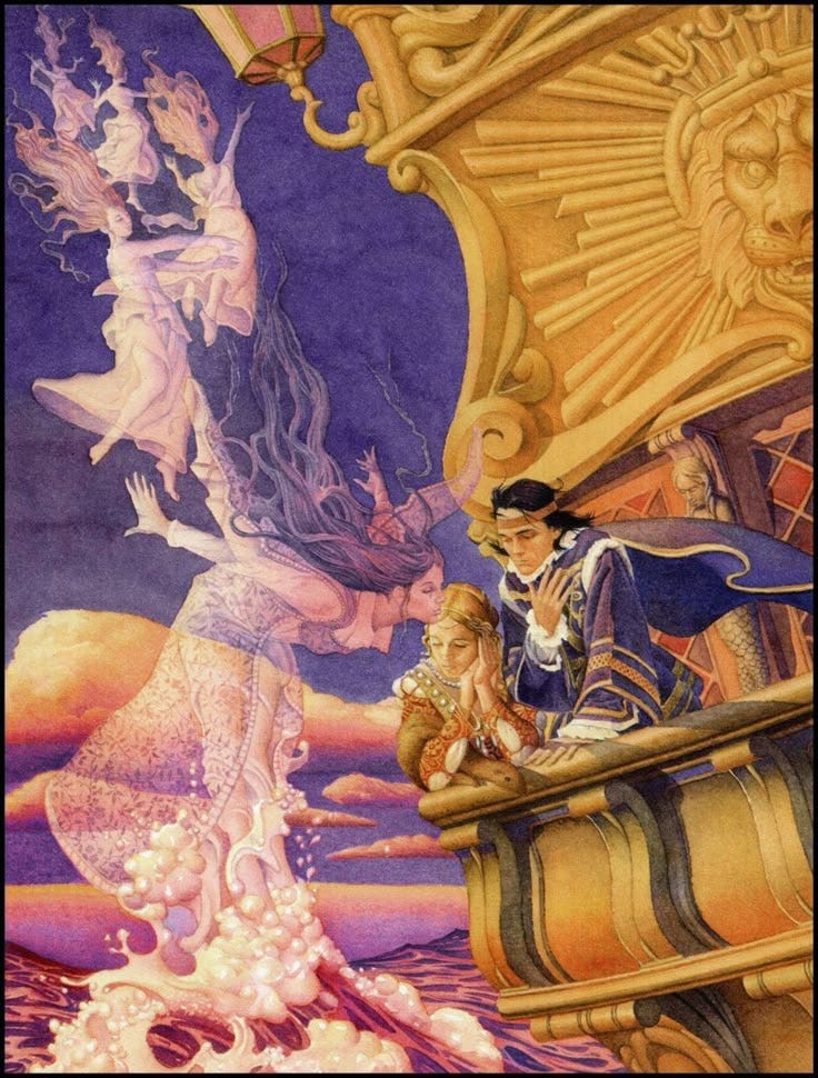 This may contain: an image of a man and woman on a ship with sea creatures in the background This may contain: an image of a man and woman on a ship with sea creatures in the background