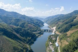 Aerial View Of A Hydro Power Plant, A Dam Across Nam Ou River In The Northern Of Laos, Flow To Mekong River Pass Though Phongsaly And Luangprabang Province.    