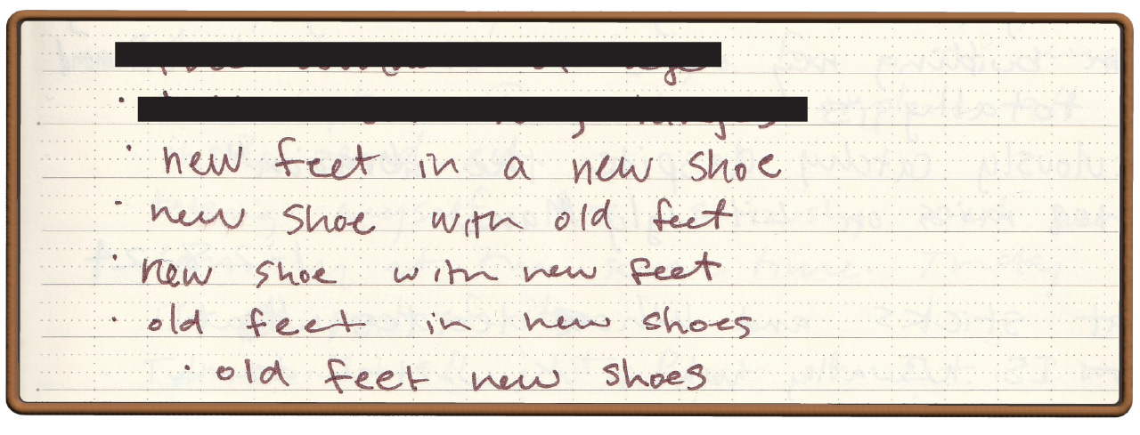 new feet in a new shoe, new shoe with old feet, new shoe with new feet, old feet in a new shoe, old feet new shoe