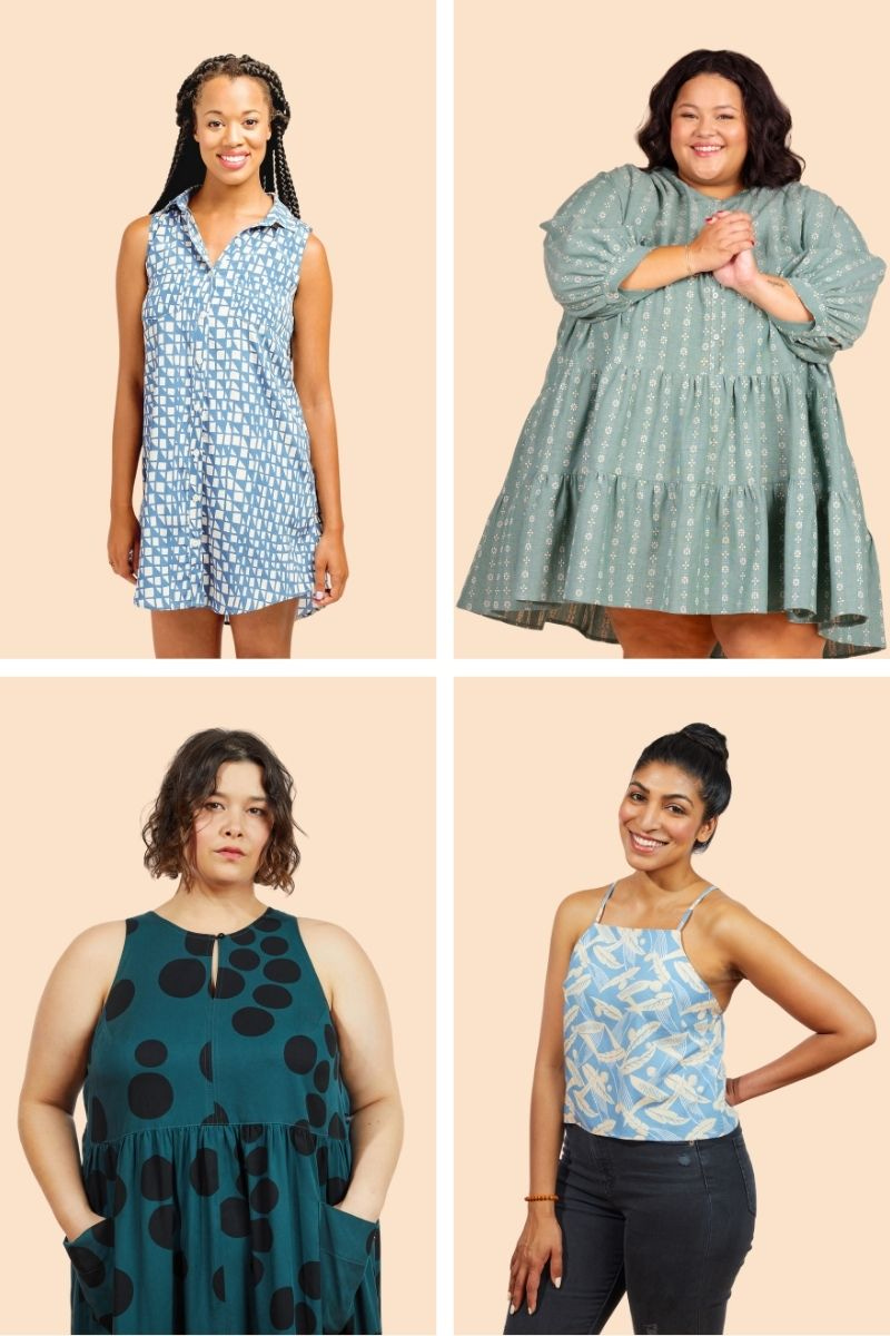 Four panel image showing Grainline Studio summer sewing patterns: Alder shirtdress in blue print, Poppy dress with tiered skirt in sage green, Austin dress with polka dots, and Myra slip top in blue feather print