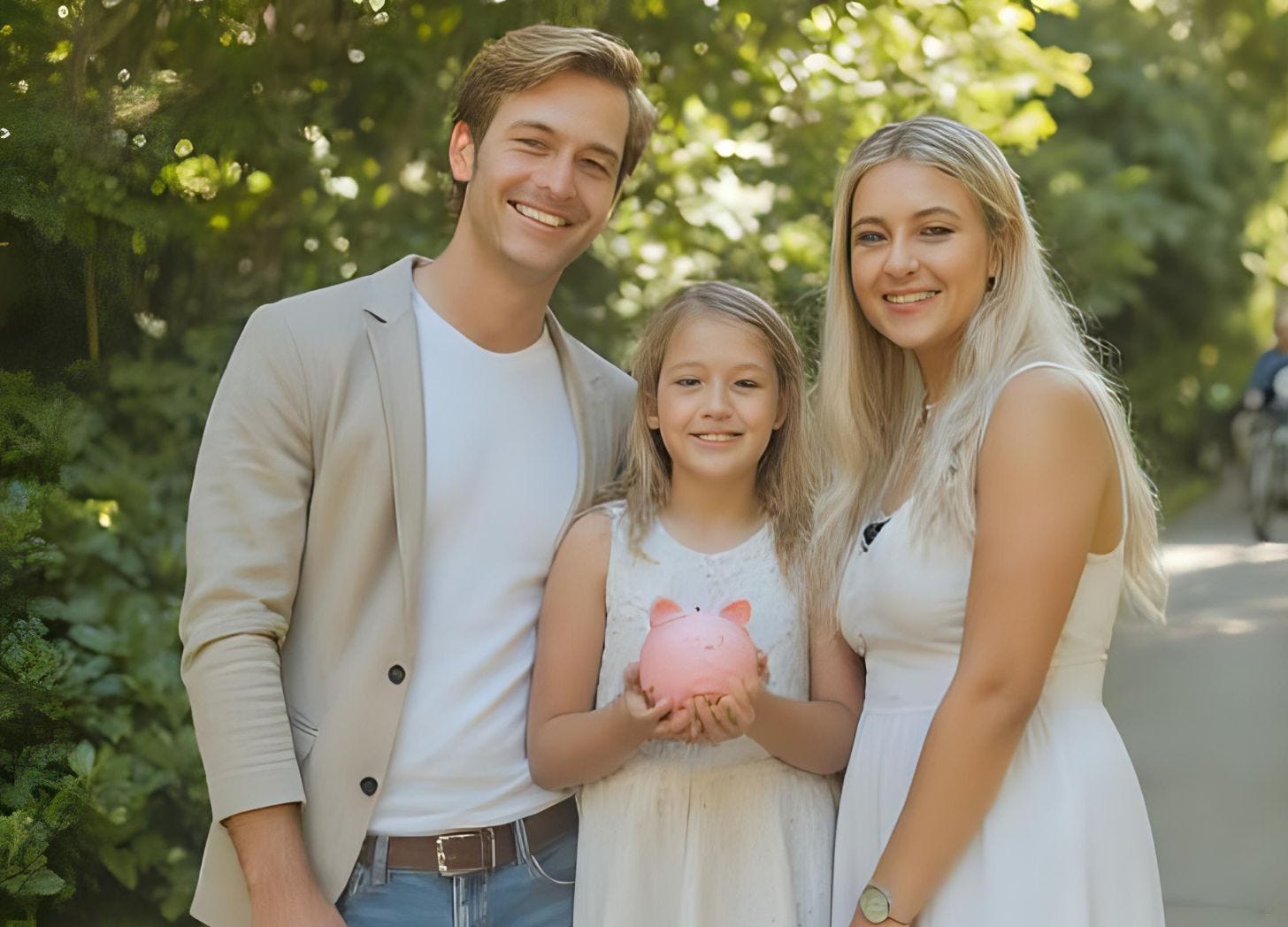 A father and a mother teaching their daught about personal finance as she holds a piggy bannk. A father and a mother teaching their daught about personal finance as she holds a piggy bannk.