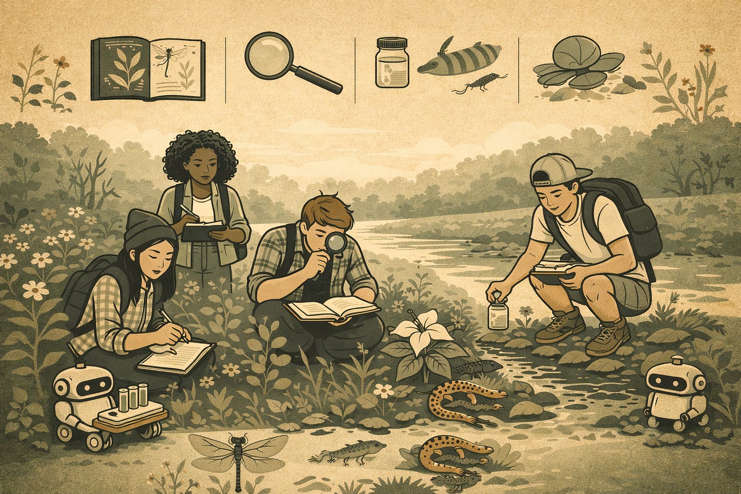 Sepia-toned illustration of four students doing field research beside a shallow stream in a wooded area. One student writes in a notebook, one stands taking notes on a clipboard, one kneels using a magnifying glass over an open book, and one crouches collecting a water sample in a jar while holding a tablet. Around them are flowers, rocks, fish, salamander-like amphibians, and a dragonfly. Two small wheeled robots sit at the lower left and lower right edges. Across the top, a row of icons shows an open nature journal, a magnifying glass, a specimen jar with insects, and stacked rocks, separated by vertical lines.