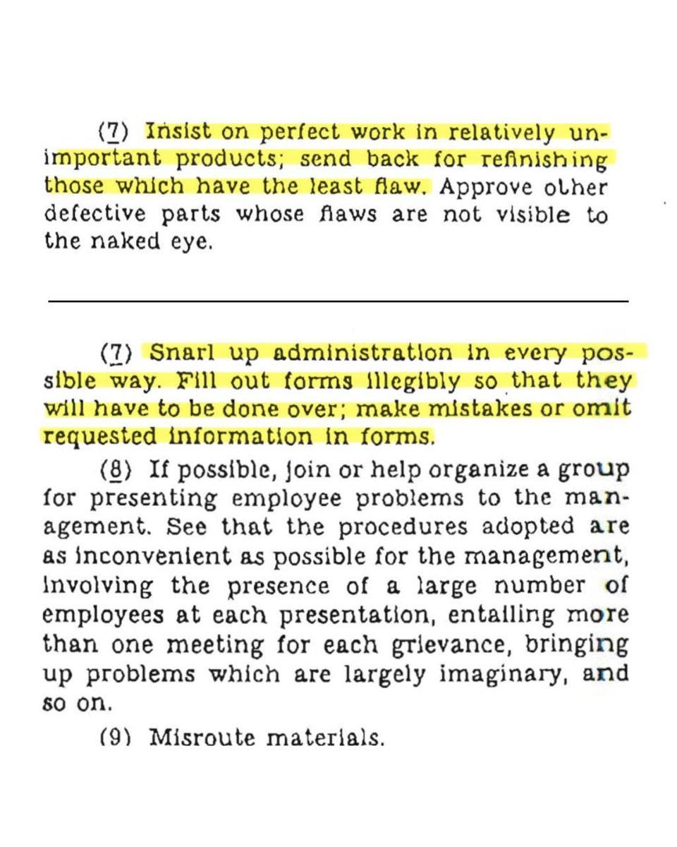 A document page with numbered list items and text. The text includes points about workplace behavior, such as "Insist on perfect work in relatively unimportant products; send back for refinishing those which have the least flaw" and "Snarl up administration in every possible way. Fill out forms illegibly so that they will have to be done over; make mistakes or omit requested information in forms."