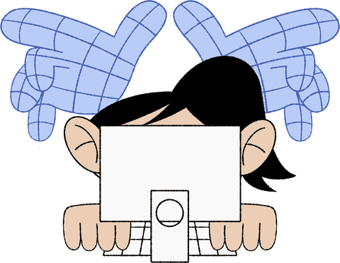 two wireframe hands looming over a person working on a computer #4864b8