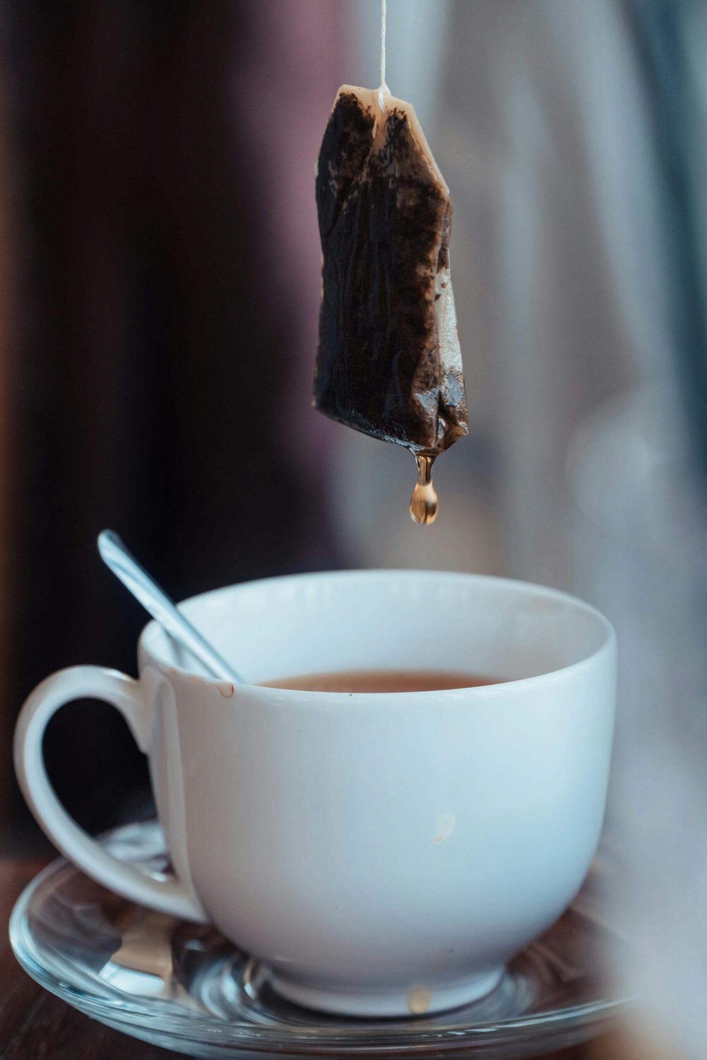 Dripping tea bag held above a white tea cup and saucer with a spoon Dripping tea bag held above a white tea cup and saucer with a spoon