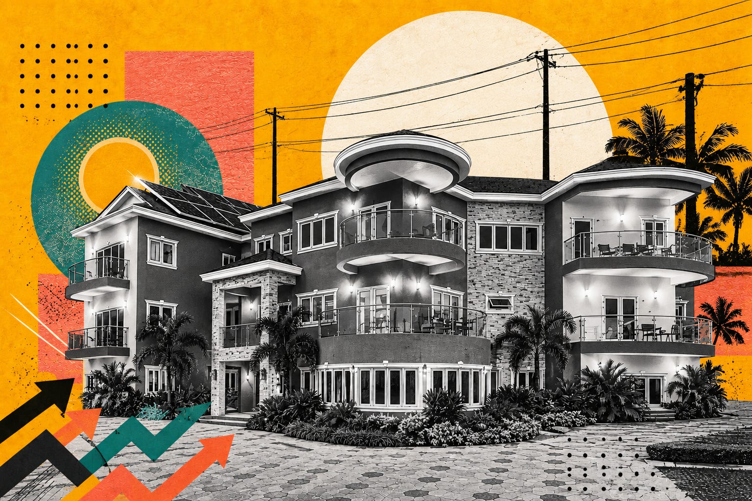 A bold editorial illustration showing a luxury Jamaican home reimagined through the Jamaica Homes visual style. Surrounded by energy infrastructure, solar motifs, and upward-trending graphics, the image explores the connection between property, sustainability, and the future of energy in Jamaica. A bold editorial illustration showing a luxury Jamaican home reimagined through the Jamaica Homes visual style. Surrounded by energy infrastructure, solar motifs, and upward-trending graphics, the image explores the connection between property, sustainability, and the future of energy in Jamaica.