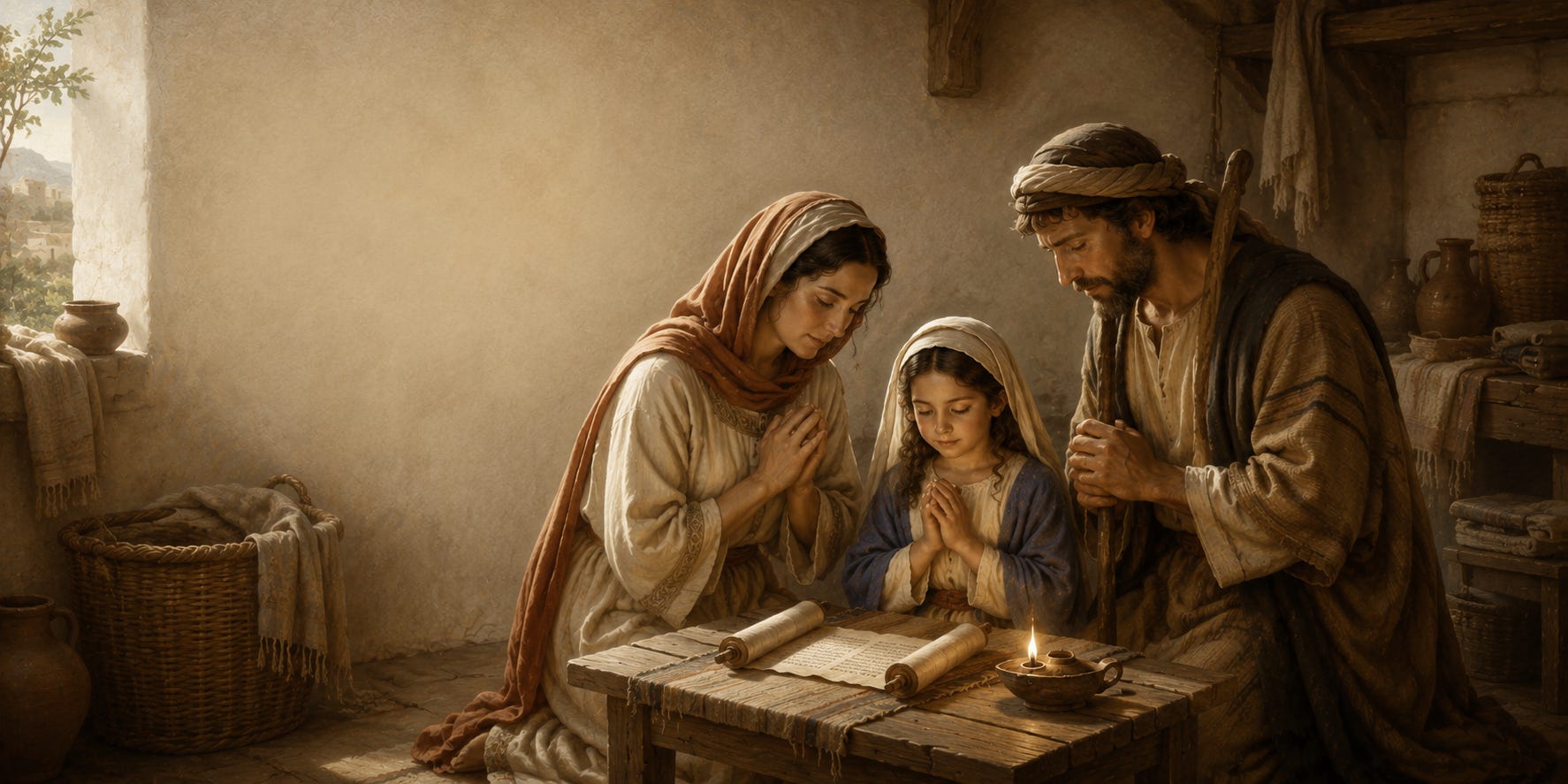 A classical sacred illustration of the young Virgin Mary praying with her parents, Saints Joachim and Anne, around an open scroll of Scripture and a softly burning oil lamp in their humble home. The peaceful family scene reflects the passing of faith from one generation to the next through prayer, love, and faithful example. A classical sacred illustration of the young Virgin Mary praying with her parents, Saints Joachim and Anne, around an open scroll of Scripture and a softly burning oil lamp in their humble home. The peaceful family scene reflects the passing of faith from one generation to the next through prayer, love, and faithful example.