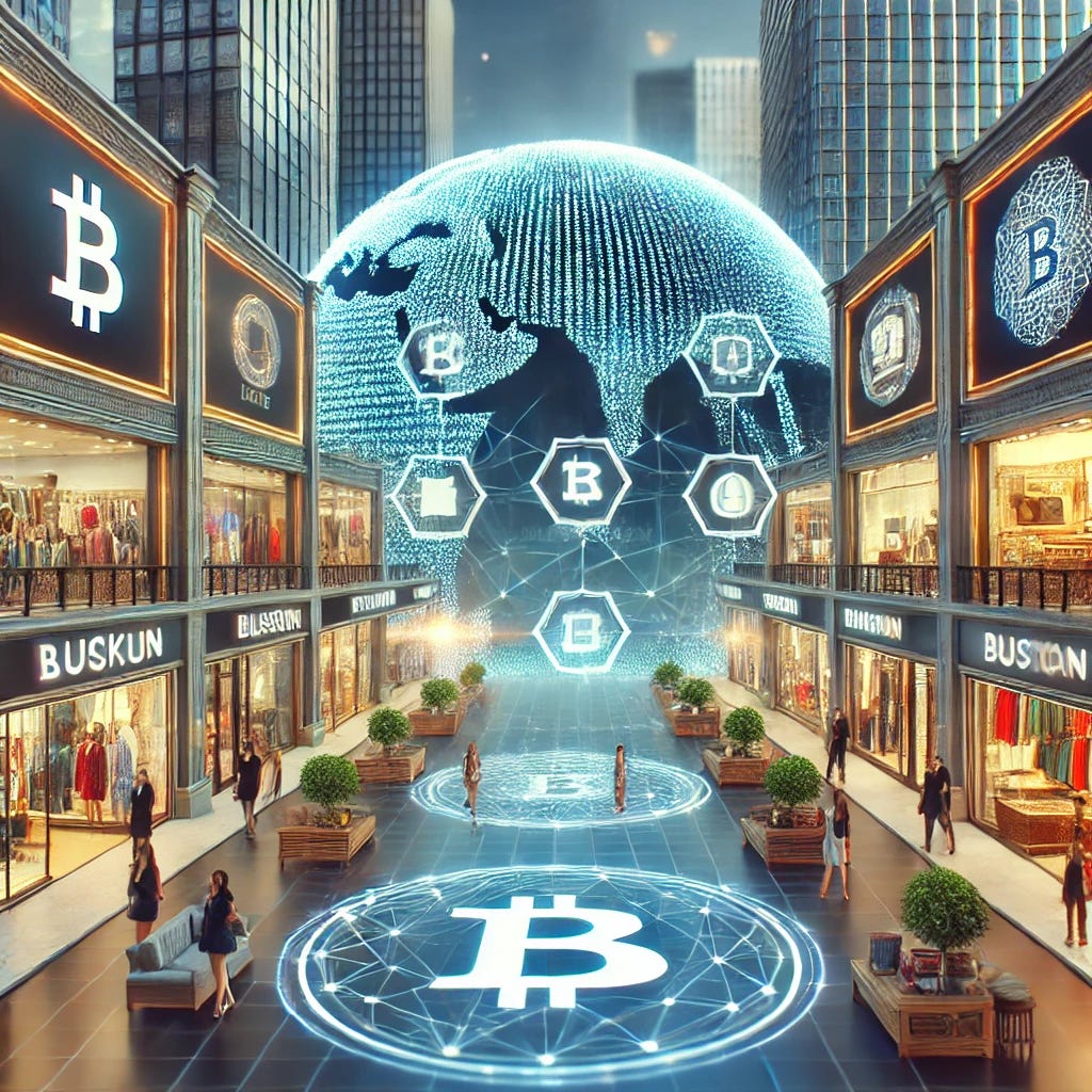 A global textile industry market scene. Show large luxury brand stores with bright advertisements and sleek designs, alongside smaller local shops with modest but creative displays. Include digital screens showing blockchain networks and token symbols to represent transparency and traceability. Professional, competitive atmosphere with a mix of high-end and modest styles.