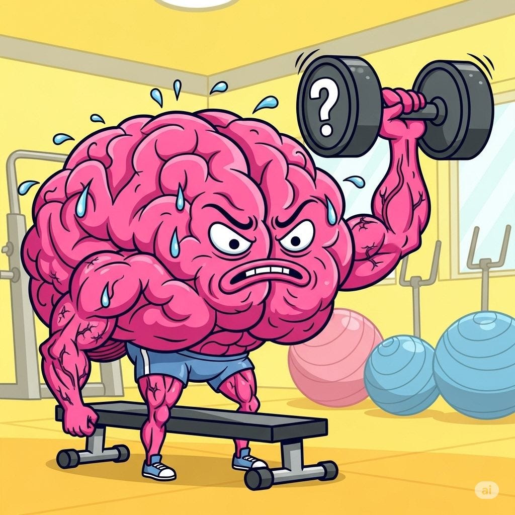 Ilustração cômica de um cérebro musculoso, suando na academia enquanto levanta um halter com um ponto de interrogação — metáfora visual para o esforço cognitivo necessário na era da inteligência artificial.