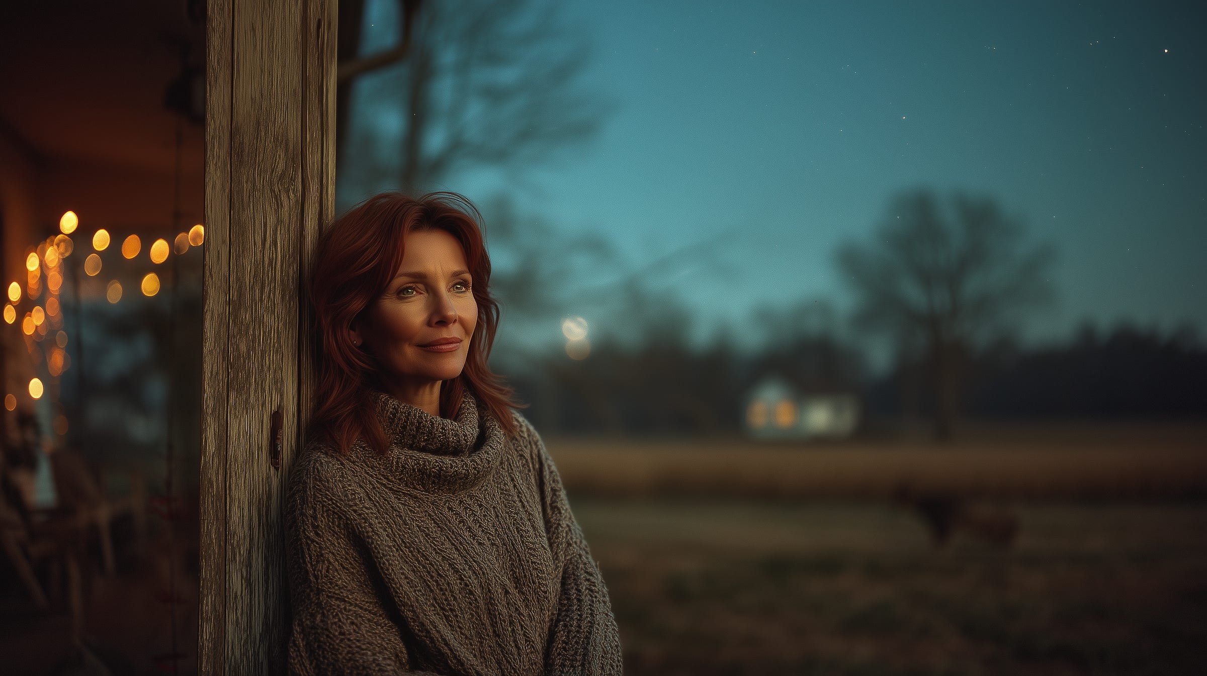 A woman stands contemplatively on the back porch of a farmhouse in rural New England at dusk, wrapped in a thick sweater against the late November chill. The sky glows with stars, and cats roam the quiet field in the distance.