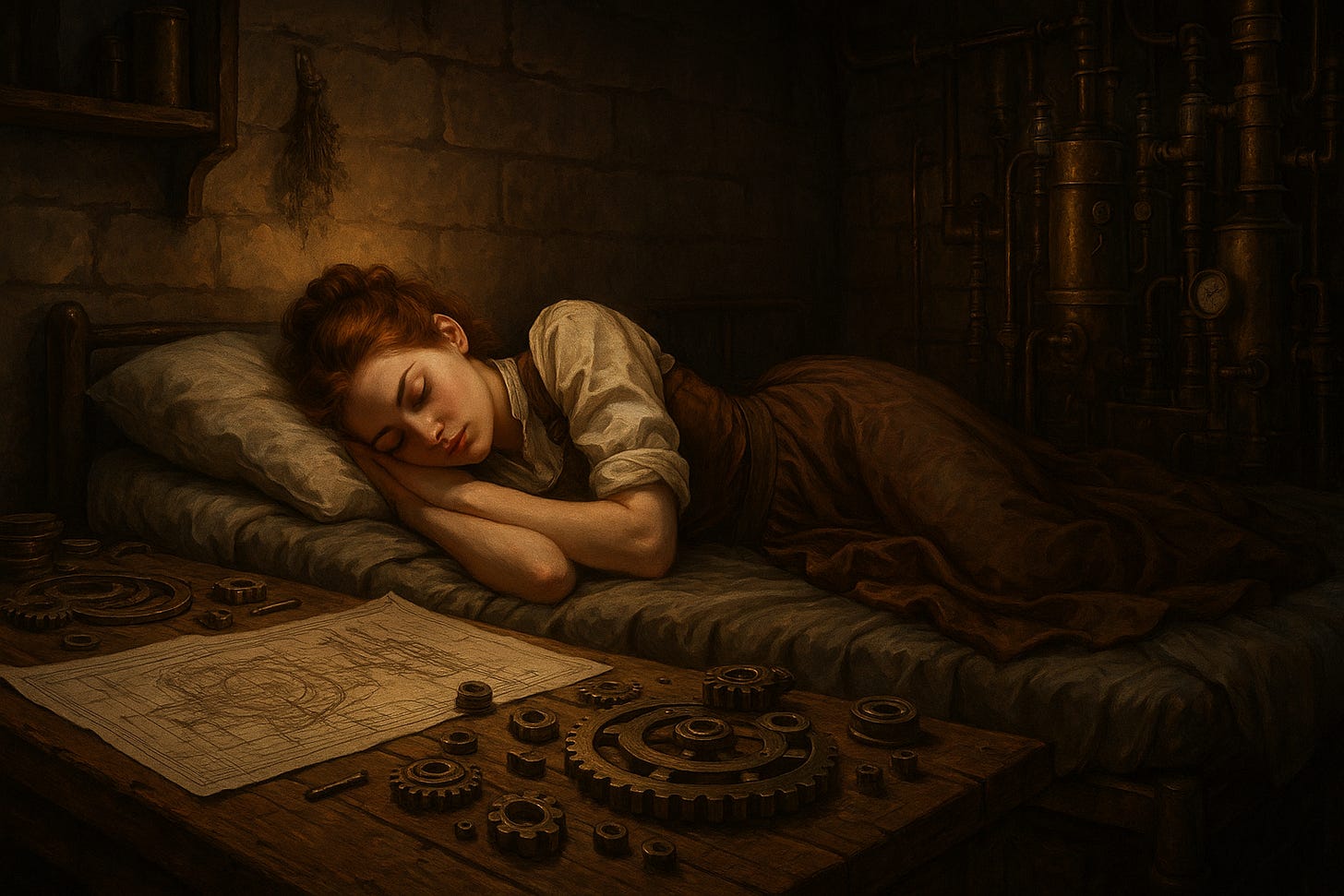 Berenice sleeps on her cot in the rough lab.