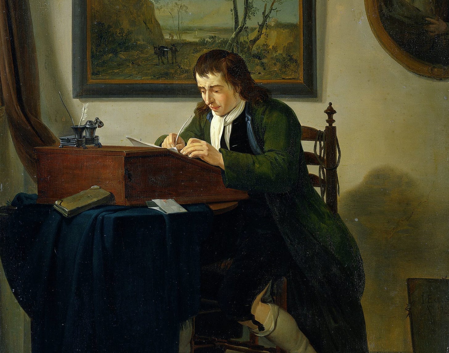 A man writing at his desk with a painting in the background.