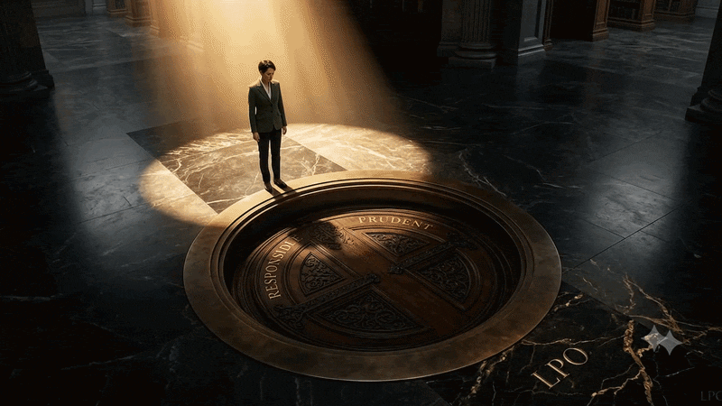 Cinematic editorial animation of a woman standing on dark marble flooring in a classic interior, illuminated by a warm vertical beam of sunlight. Right beside her, a large circular wooden trapdoor bearing engraved virtue-labels like "RESPONSIBLE" and "PRUDENT" rotates and slowly opens in the floor, revealing a hidden depth beneath.