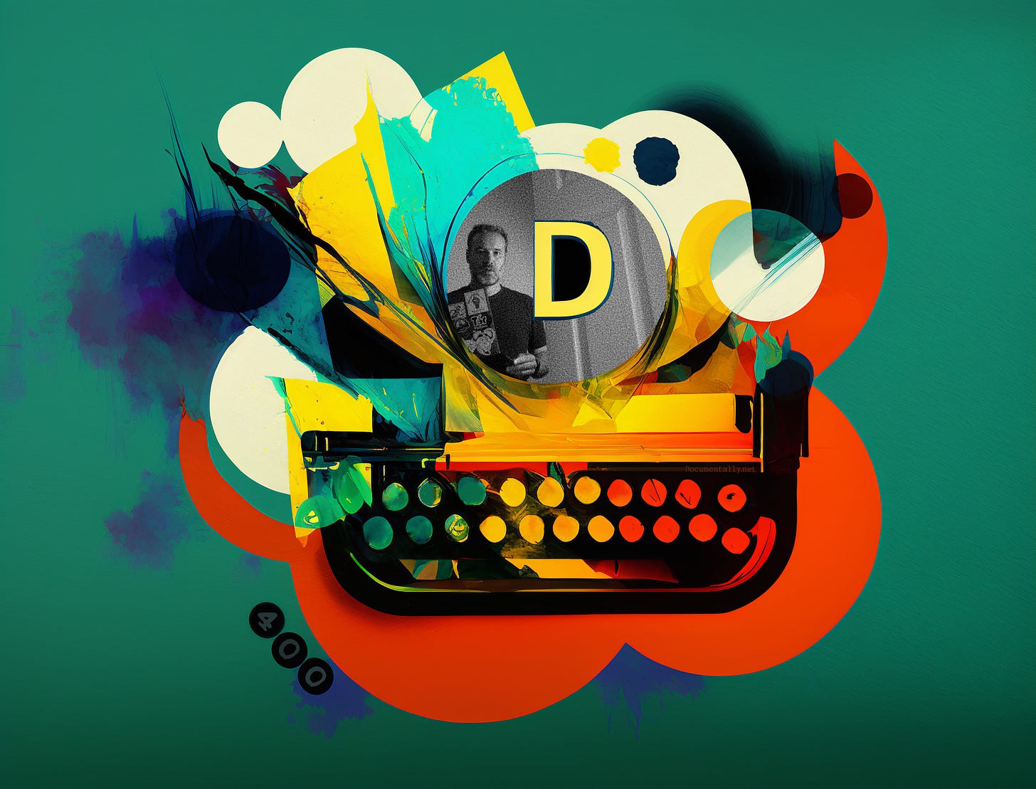 Instead of dropping a selfie at the top of all my emails, I'll be sharing some of my art into the documentally dispatch. Some of the images will be straight Apple Pencil doodles, others photo montages or part rendered digital collages. This particular piece is a collage made of an AI rendered typewriter using the prompt including a photo link to previous work and the words[retro typewriter in the style of Documentally]. The typewriter is abstracted with the addition of colour splashes, the letter 'D' in text and a grainy photo taken from a previous dispatch. I ran the image past a professional graphic designer (my Wife) for additional tips which was really useful.