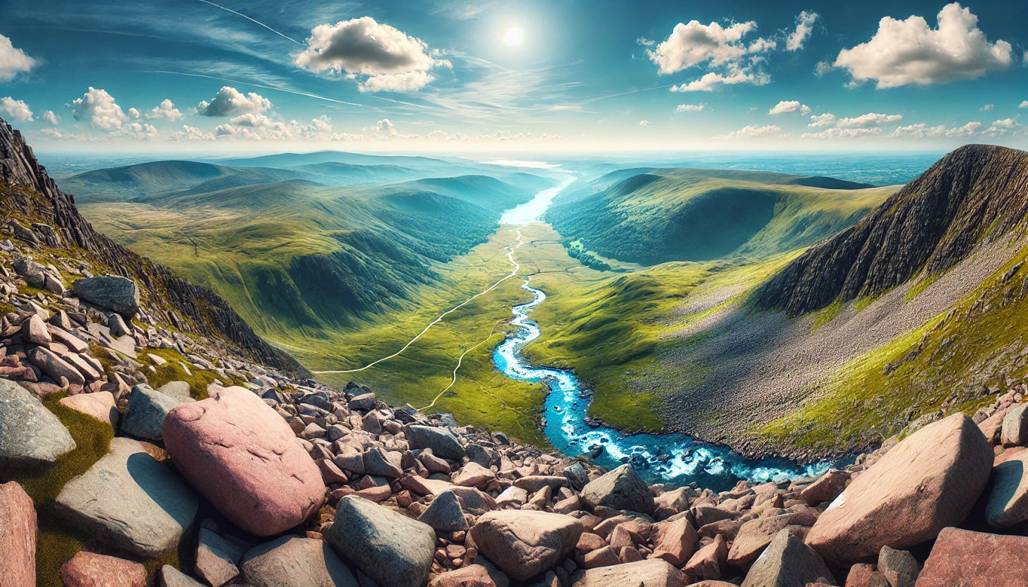 A photorealistic panoramic view from the summit of the highest hill overlooking Snowdonia, Wales. The vantage point captures an expansive valley with a winding, clear river and scattered large boulders. The scene is bright and sunny, under a vibrant blue sky, providing a breathtaking view of distant lush green hills and rugged mountains stretching toward the horizon.